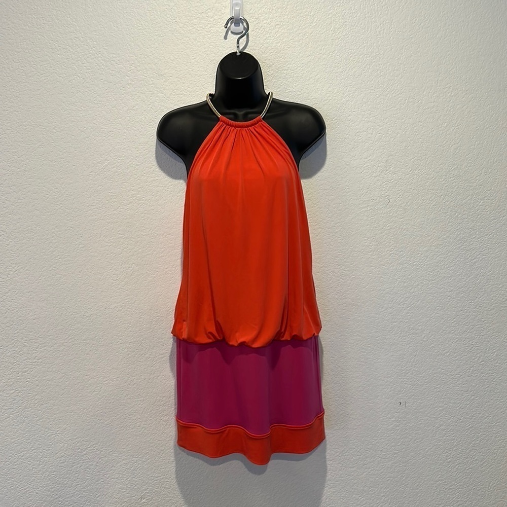 Two Tone Halter Mini Size 8 Vibrant and Sexy on!! Gold Embellishment Choker